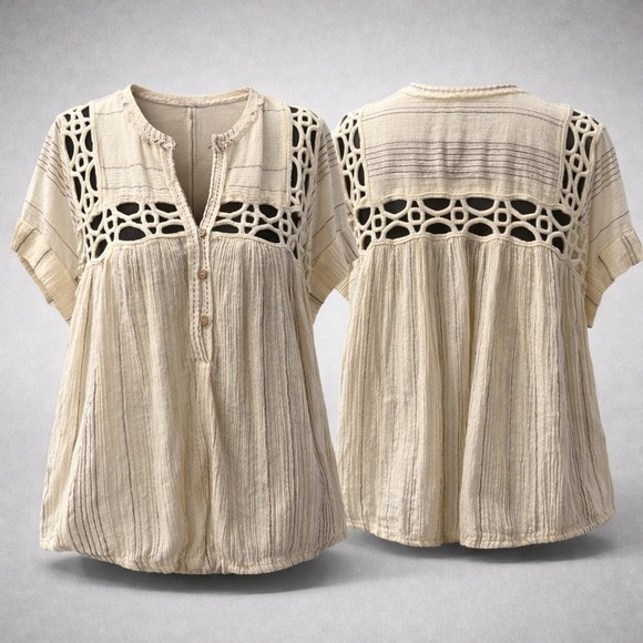 Free People Tops - Free People Cedar Lace Crochet Cutout Boho Blouse Cream Striped Short Sleeve